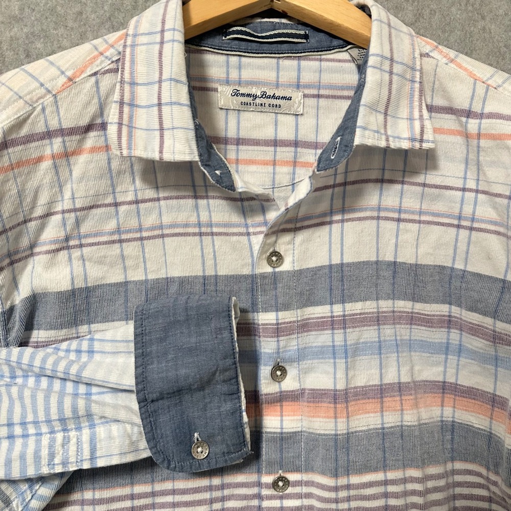 Tommy Bahama Coastline Cord Plaid Button Down Shirt Mens Large White Blue Coral